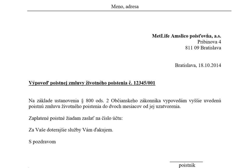 Žiadosť o zrušenie poistnej zmluvy - Metlife